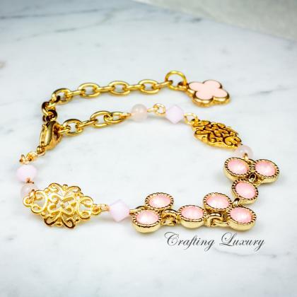 Dainty Pink Mixed Elements Bracelet With Clover..