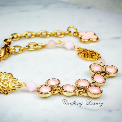 Dainty Pink Mixed Elements Bracelet With Clover..