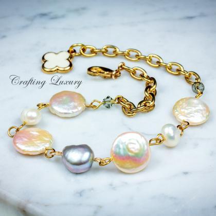 Freshwater Pearls Flat Coin Bracelet With Clover..