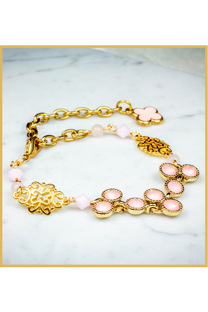 Dainty Pink Mixed Elements Bracelet With Clover Charms
