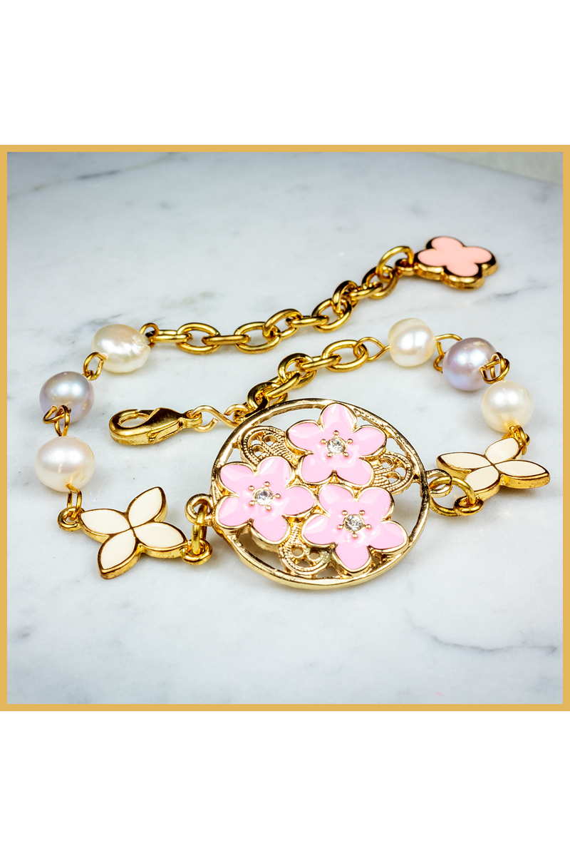 Dainty Freshwater Pearls Peranakan Inspired Bracelet With Clover Charm
