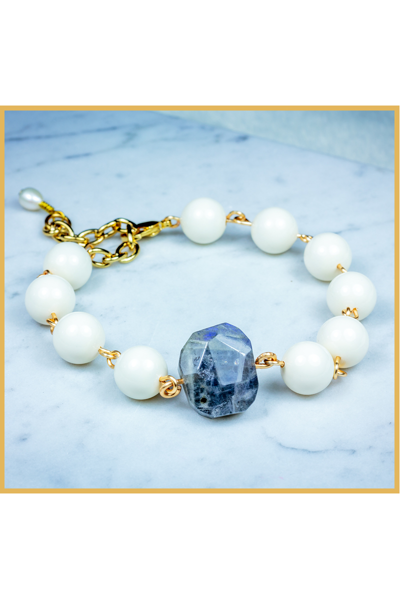 Chunky Swarovski Ivory Bead Labradorite Semi-precious Stone Bracelet With Freshwater Pearl Charm