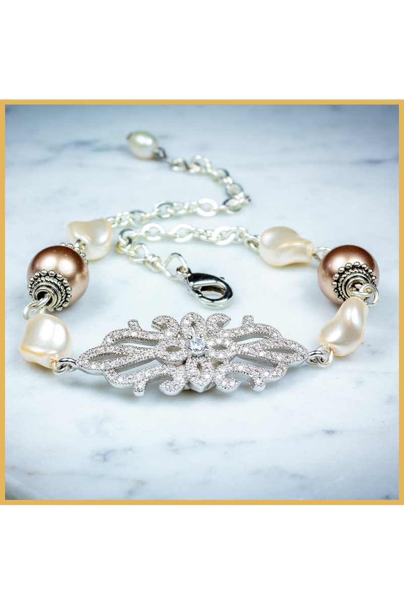 Classy Vintage Inspired Swarovski Pearls Bracelet With Freshwater Pearl Charm